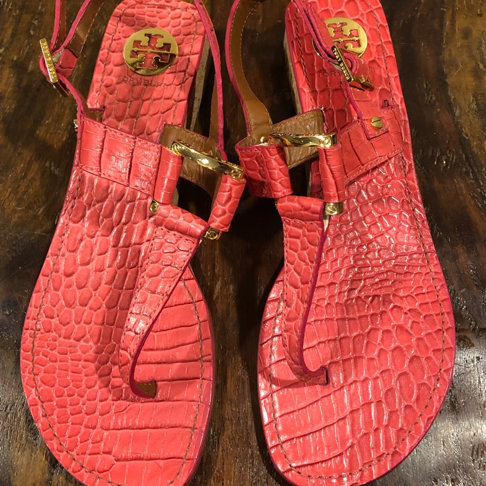 Tory Burch Coral Snakeskin Sandals